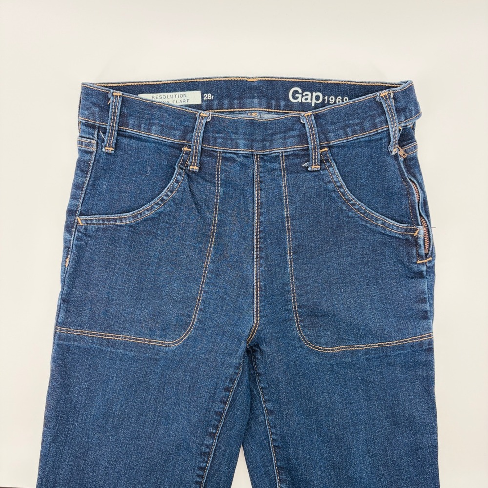Gap 1969 Resolution Skinny Flare Jeans Blue 28r High Rise Side Zip Patch Pocket